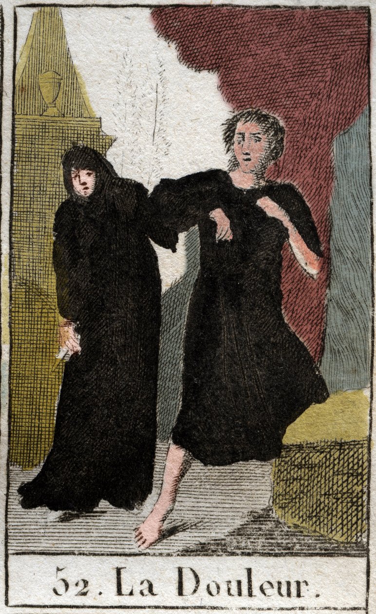 Representation of Pain, personified as a woman dressed in black moving in the darkness, armed with a dagger. (Personification of pain, as a black dressed woman, living in darkness armed with a knife) From “Mythologie de la jeunesse” by Pierre Blanchard 180 av French School