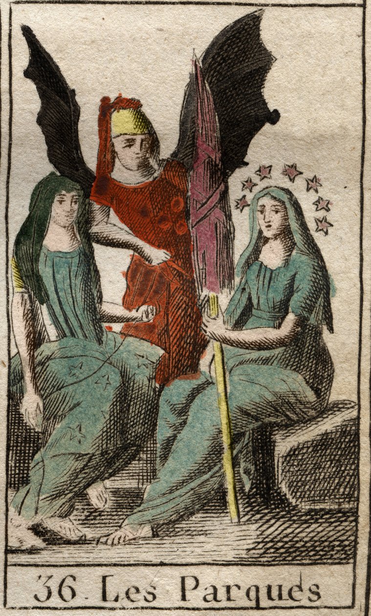 Representation of Parques (Cabinets), Clotho, Lachesis and Atropos, deities of human destiny, from birth to death, as very old women spinning. (Parcae, Clotho, Lachesis and Atropos, personification of human destiny, represented as old women spinning). From av French School