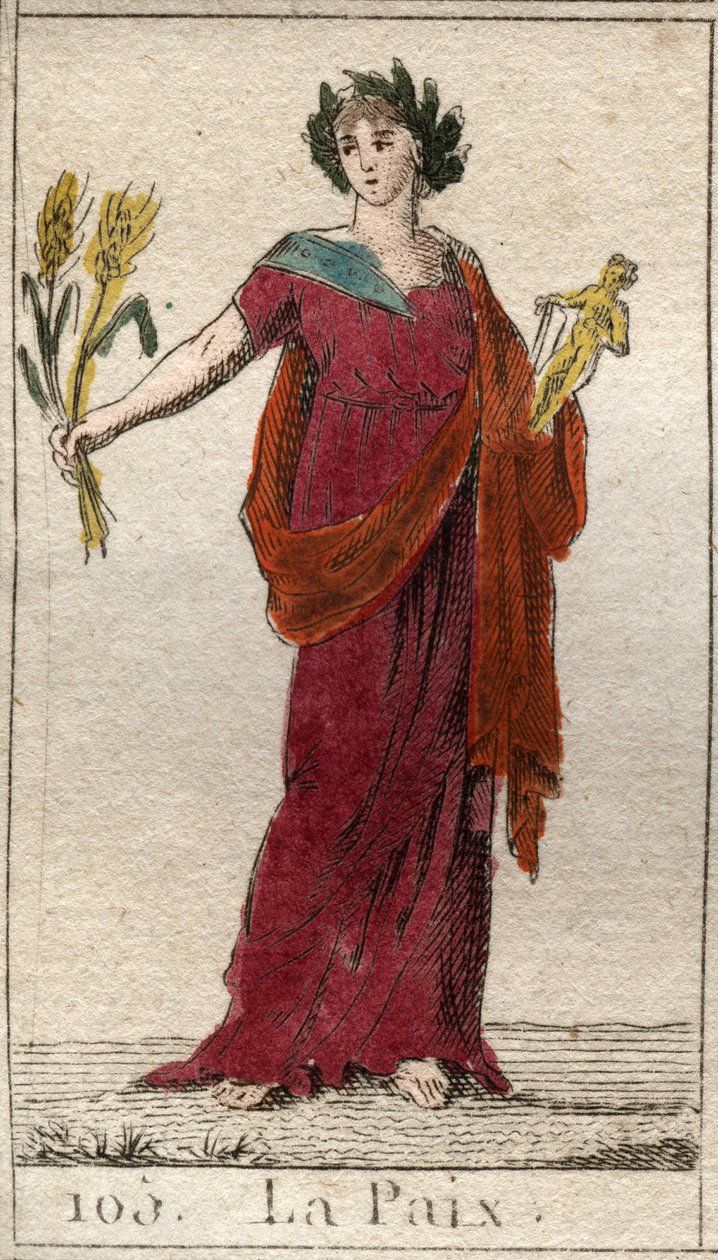 Representasjon av fred, som en kvinne kronet med laurbær, som holder en skurve. Fra "Mythology of Youth" av Pierre Blanchard 1803. av French School