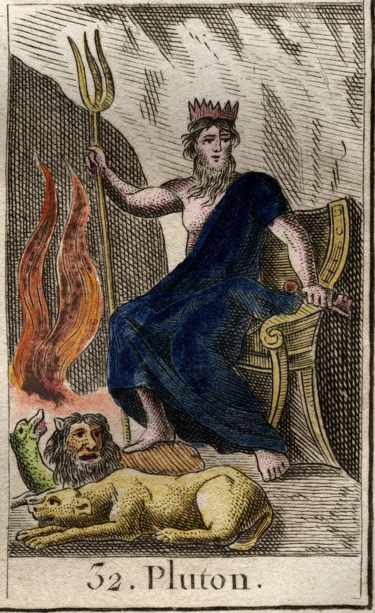 Representation of Pluto, god of the Underworld, has his feet Cerbere, dog with three heads, guardian of the Underworld. (Pluto, god of Hell with Cerberus, dog with three heads). From “Mythology of Youth” by Pierre Blanchard 1803. av French School