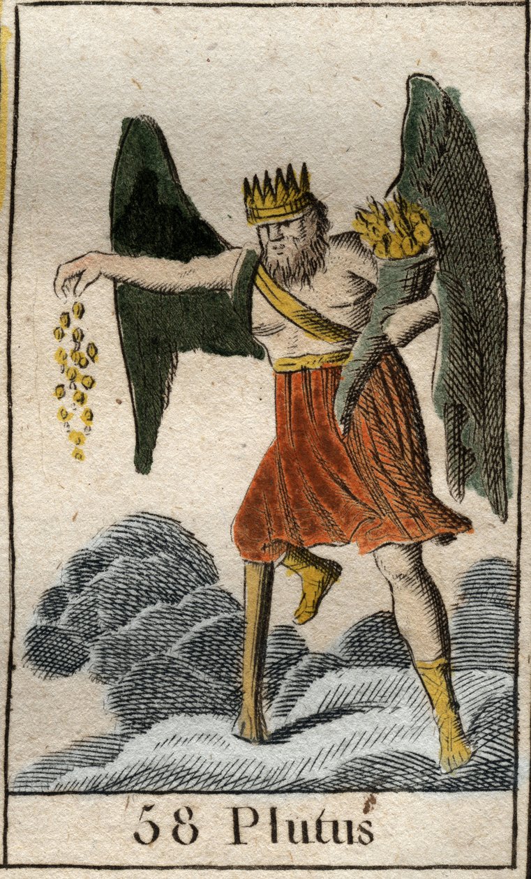 Representasjon av Plutus (Ploutos), rikdommens gud, han er krone og blind, kaster gaver tilfeldig. (Representasjon av Plutus, rikdommens gud, han er kronet og blind, han kaster gaver tilfeldig). Fra "Mythology of Youth" av Pierre Blanchard 1803. av French School