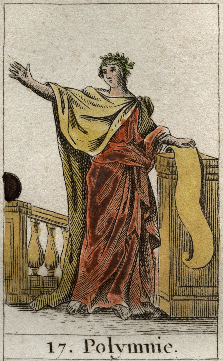 Representasjon av Polyhymnia, Muse of hellig hymne og veltalenhet. Fra "Mythology of Youth" av Pierre Blanchard 1803. av French School