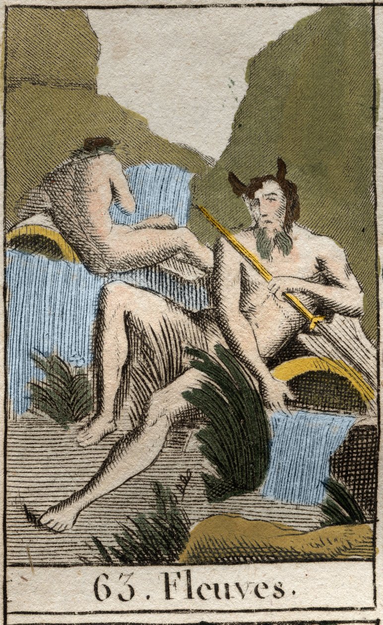 Representation of Rivers, old men with wet beard and hair, they are sitting near overturned urn (Representation of Strams, horned old men with wet beard and hair and, they are sit near overturned urn). From “Mythology of Youth” by Pierre Blanchard 1803. av French School