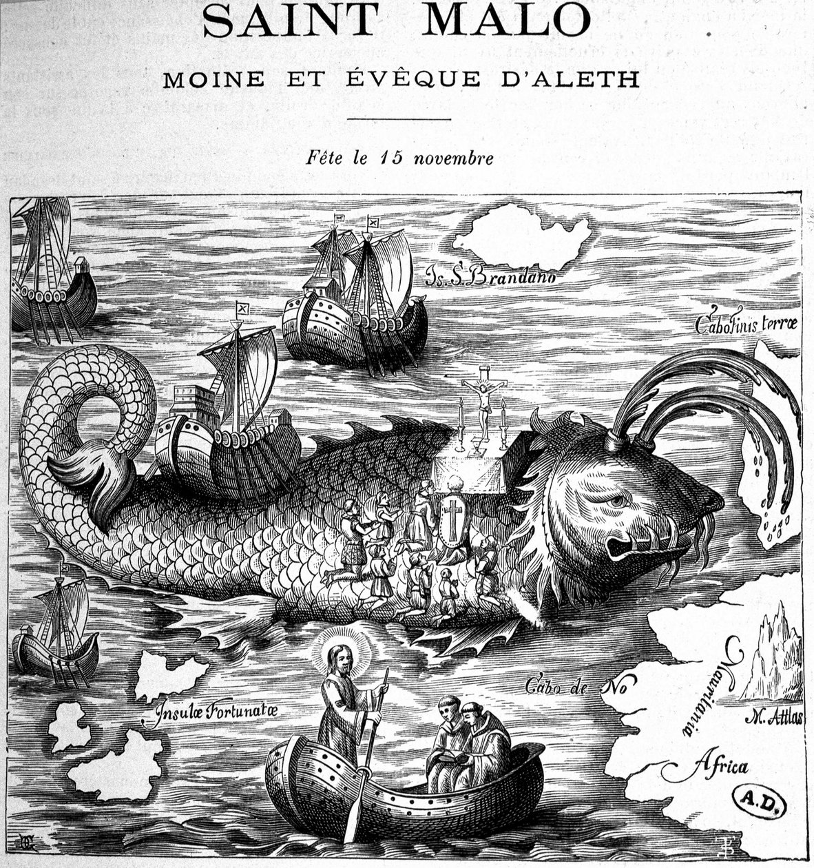 Representasjon av Saint Malo (Saint Maclou) på baksiden av en hval representert i veien for Saint Brendan (Brandan) av Clonfert eller Breanainn av Clonfert (ca. 484-577/578) - gravering av French School