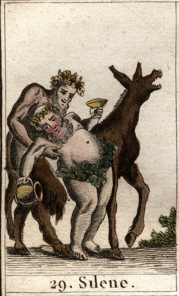 Representasjon av Silene, følgesvenn av Bacchus, full, støttet av en satyr. (Vennen til Bacchus Silenus, full, støttet av en ung satyr). Fra "Mythology of Youth" av Pierre Blanchard 1803. av French School