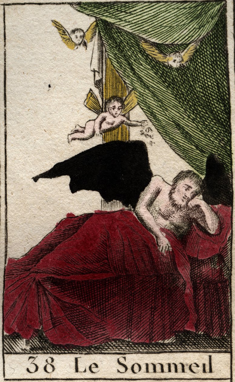 Representasjon av søvn, hviler evig i et palass, nær drømmevinger. (Somnus, søvnens gud, han sover i et palass omgitt av bevingede drømmer) Fra "Mythologie de la jeunesse" av Pierre Blanchard 1803. av French School