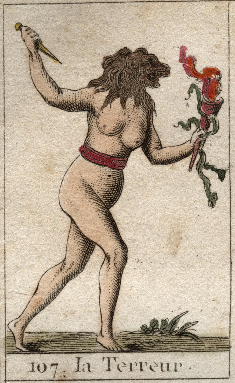 Representasjon av terror, som en kvinne med et løvehode, som holder en kniv og slanger. Fra "Mythology of Youth" av Pierre Blanchard 1803. av French School