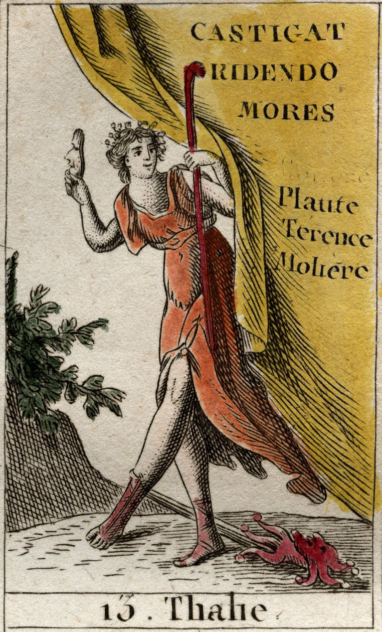 Representasjon av Thalie, muse for komedie og idyllisk poesi, som skildrer kronet med eføy, iført støvler, med en tegneseriemaske i hånden og en gjeterstav. Fra "Mythology of Youth" av Pierre Blanchard 1803. av French School