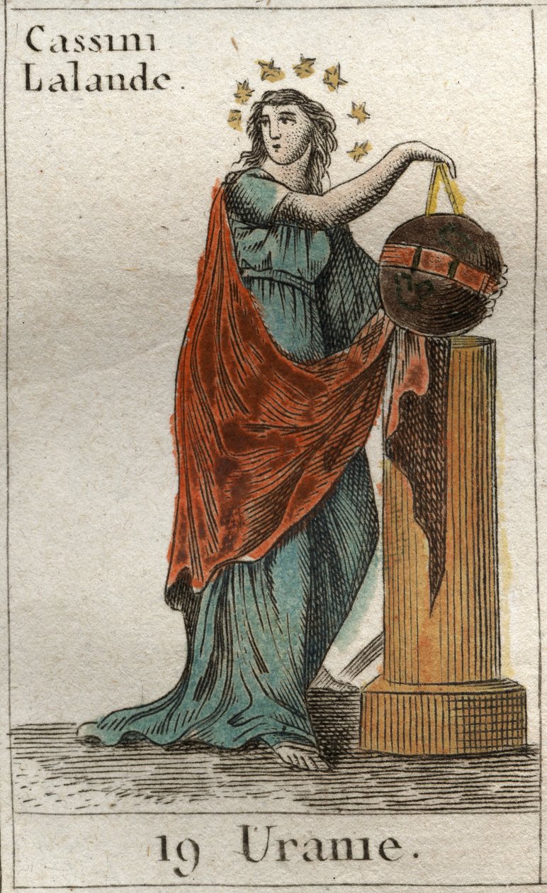Representasjon av Urania, muse for astronomi og astrologi, hun holder en globus og et kompass. Fra "Mythology of Youth" av Pierre Blanchard 1803. av French School