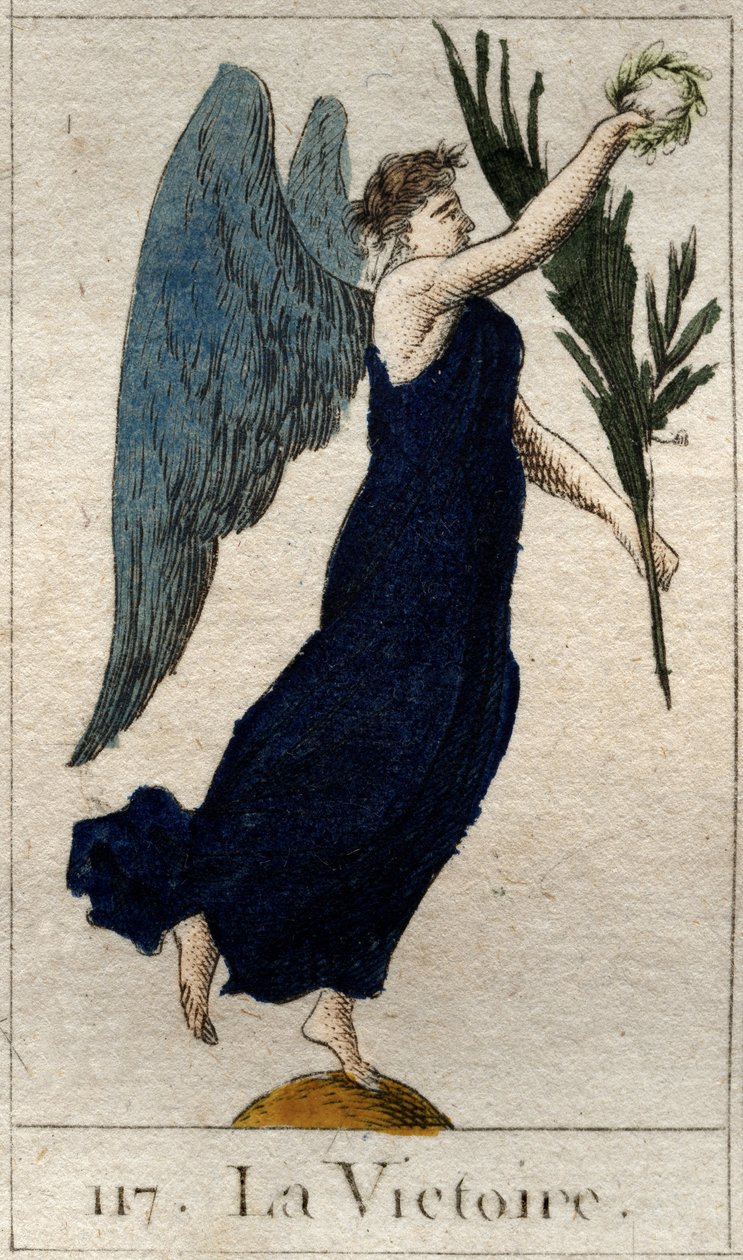 Representasjon av Victory, kvinne ailee som holder en olivengren og en krans av laurbær. (Seieren, som en bevinget kvinne, holder hun en olivengren og en laurbærkrone). Fra "Mythology of Youth" av Pierre Blanchard 1803. av French School