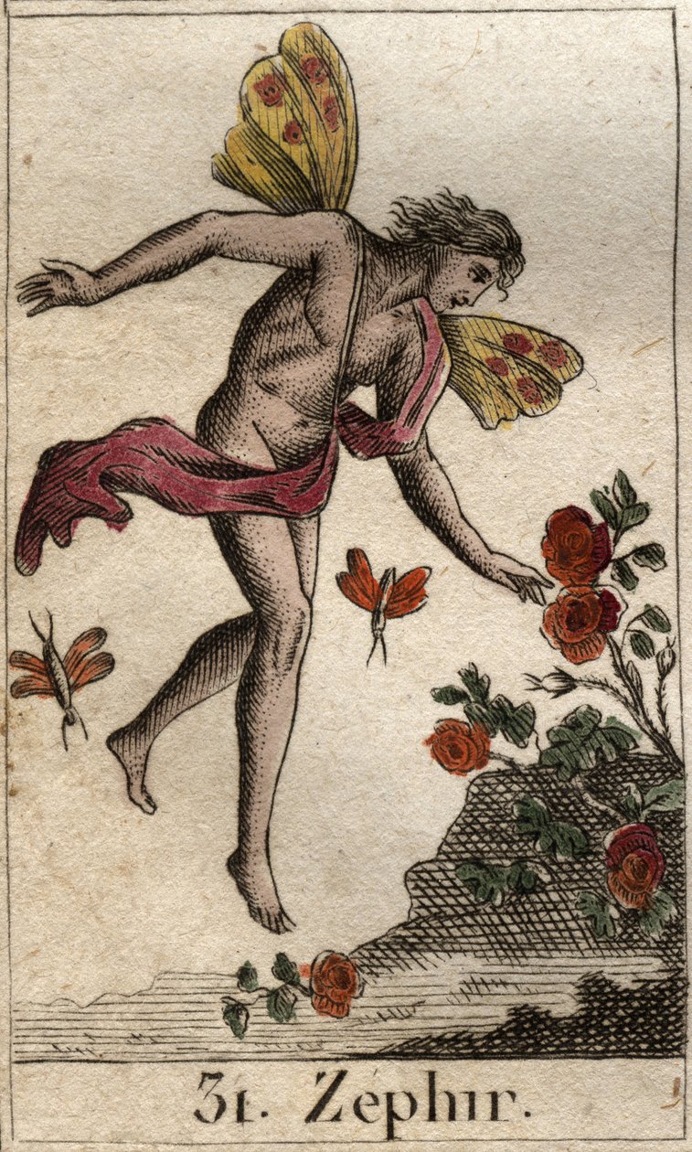 Representation of Zephyr, personification of the west wind. (Zephyrus (or Zephyr) personification of the west wind). From “Mythology of Youth” by Pierre Blanchard 1803. av French School