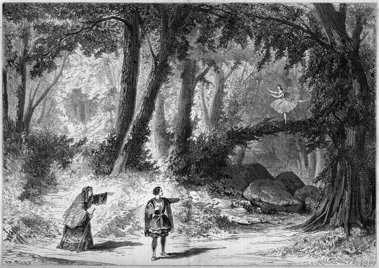 Representasjon av en ballett: Scenografi av akt I, scene 2 av "The Papillon" av Jacques Offenbach (1819-1880). Dekor fra Desplechin. Paris, Theatre Imperial de l