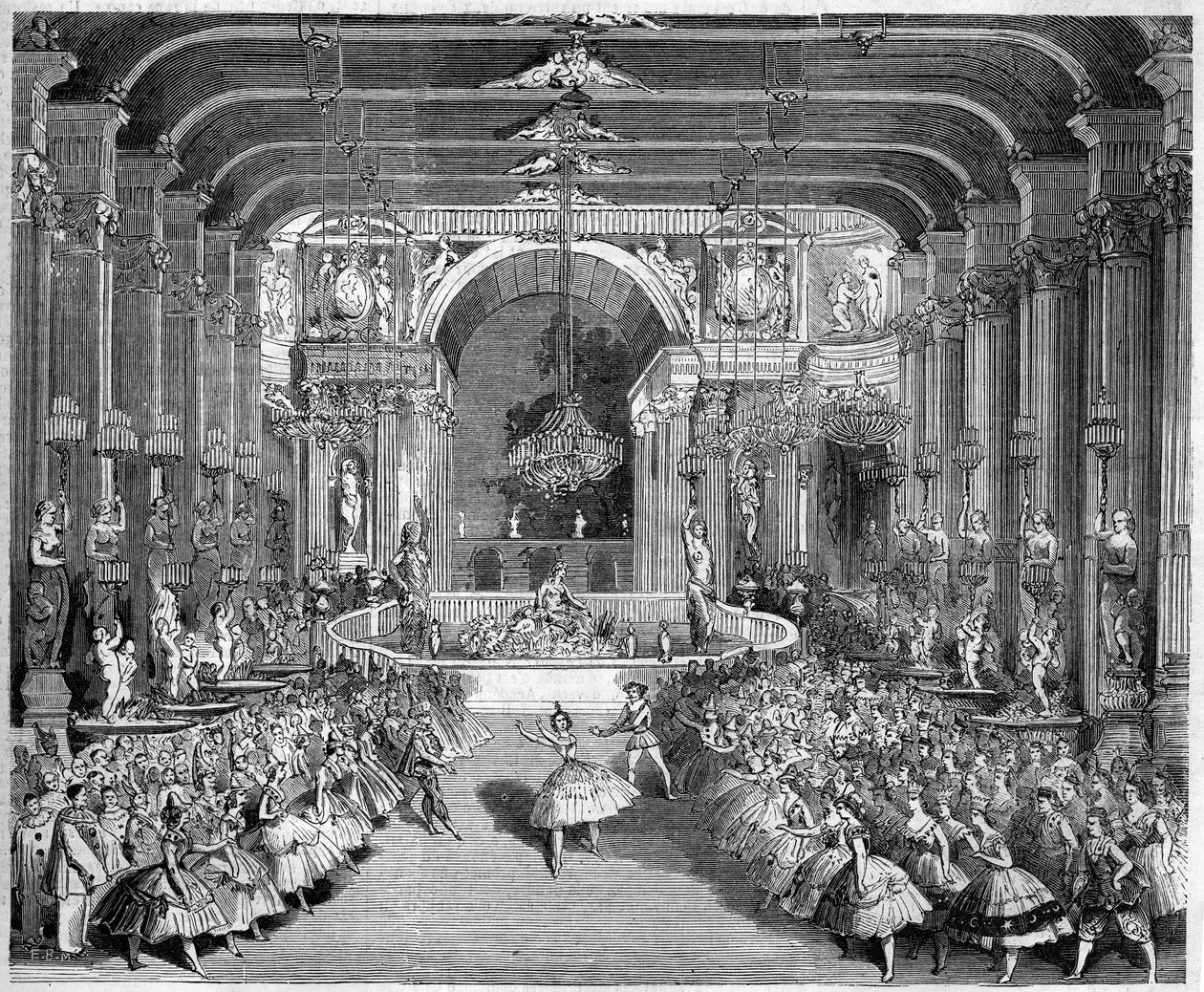 Representation of a ballet: the Casino of Messina, scenography of the first act of “The Star of Messina” on a music by Nicolo Gabrielli (1814-1891). Decor realized by Edouard Desplechin. Paris, Theatre de l