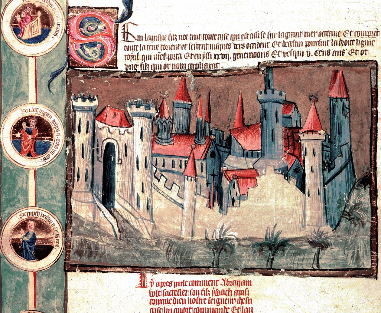 Representasjon av en befestet by i Strasbourg-regionen. Miniatyr på pergamentrulle “” Genealogy of the Bible”” (ms.199) Cremone fra 1300-tallet, Biblioteca Governativa av French School