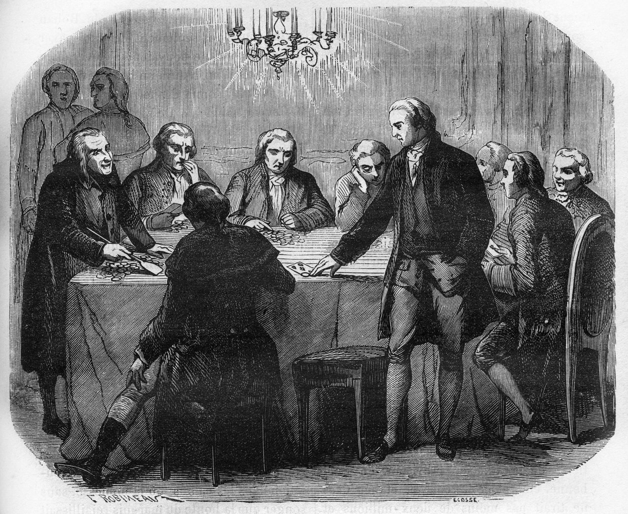 Representasjon av et spillehus under Louis XV. Inngravering i "Prostitusjonens og utskeielsens historie blant alle verdens folkeslag fra antikken til i dag" av Dr. Th. -F. Debray av French School
