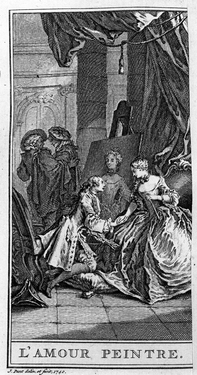 Representasjon av en scene fra stykket "" Le Sicilien ou l'amour painter"" av Jean Baptiste Poquelin dit Moliere (1622-1673). Gravering fra 1740. av French School