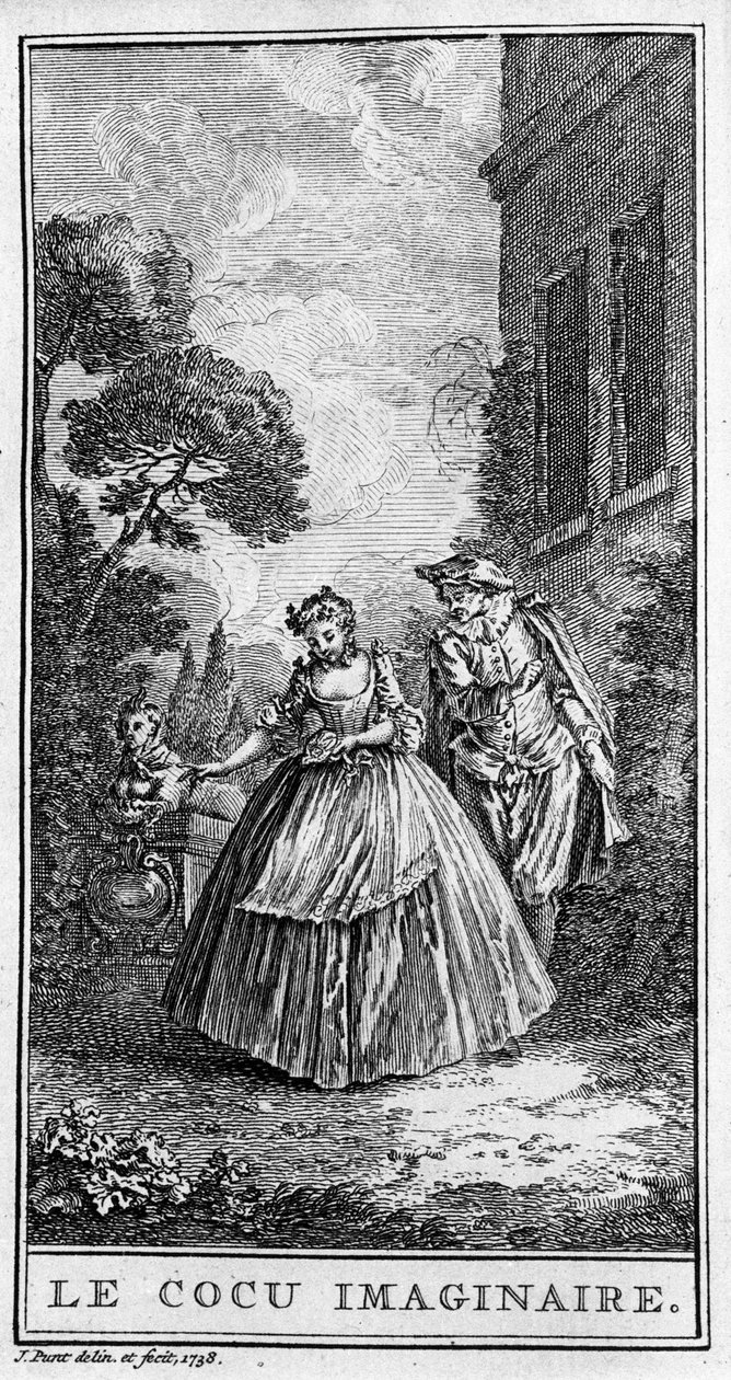 Representasjon av en scene fra stykket "" Sganarelle ou le cuckold imaginaire"" (1660) av Jean Baptiste Poquelin dit Moliere (1622-1673). Gravering fra 1738. av French School