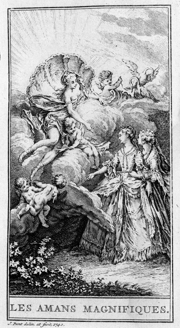 Representasjon av en scene av stykket "" Les lovers magnificients"" (1670) av Jean Baptiste Poquelin dit Moliere (1622-1673). Gravering fra 1740. av French School