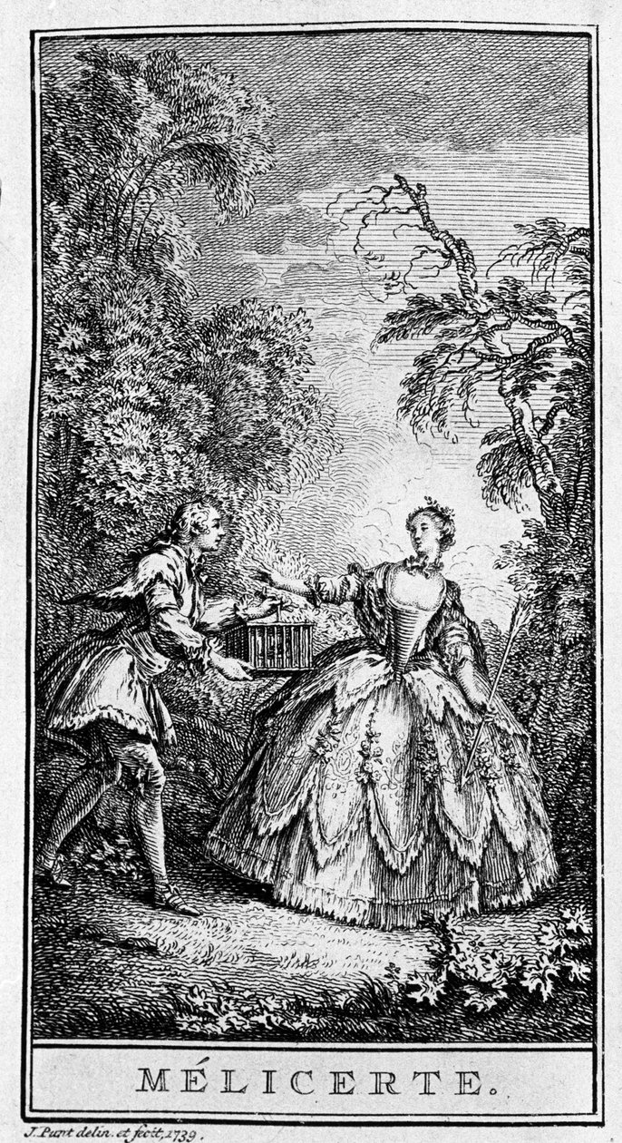 Representasjon av en scene av stykket "" Melicerte"" (1666) av Jean Baptiste Poquelin dit Moliere (1622-1673). Gravering fra 1739. av French School