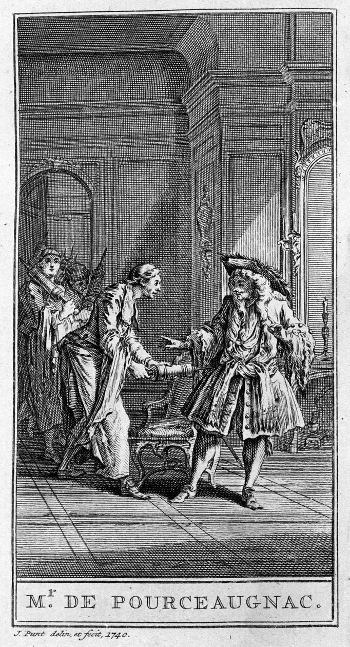 Representasjon av en scene av stykket "" Monsieur de Pourceaugnac"" (1669) av Jean Baptiste Poquelin dit Moliere (1622-1673). Gravering fra 1740. av French School