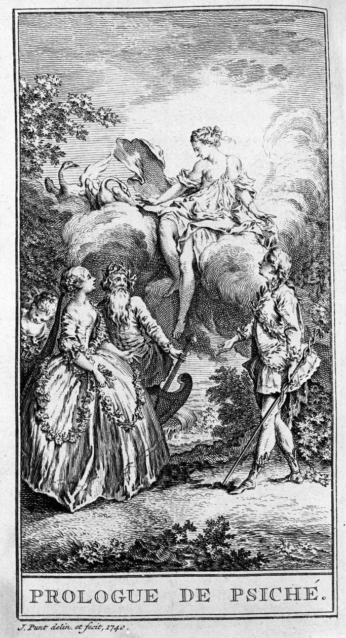 Representasjon av en scene av stykket "" Prologue de Psyche"" av Jean Baptiste Poquelin dit Moliere (1622-1673). Gravering fra 1740. av French School