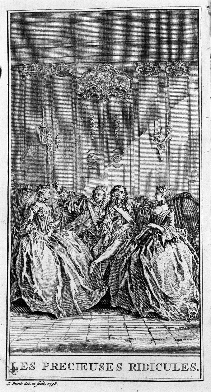 Representasjon av en scene av stykket "" de dyrebare latterliggjøringene"" (1659) av Jean Baptiste Poquelin dit Moliere (1622-1673). Gravering fra 1738. av French School
