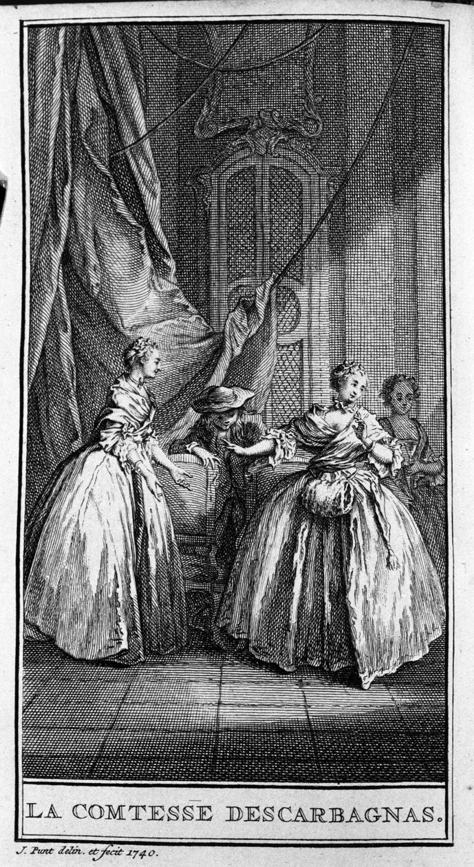 Representasjon av en scene i stykket "" Grevinnen av Escarbagnas" (1671) av Jean Baptiste Poquelin dit Moliere (1622-1673). Gravering fra 1740. av French School