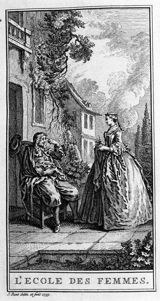 Representasjon av en scene i skuespillet «Kvinnenes skole» (1662) av Jean Baptiste Poquelin dit Moliere (1622-1673). Gravering fra 1739. av French School