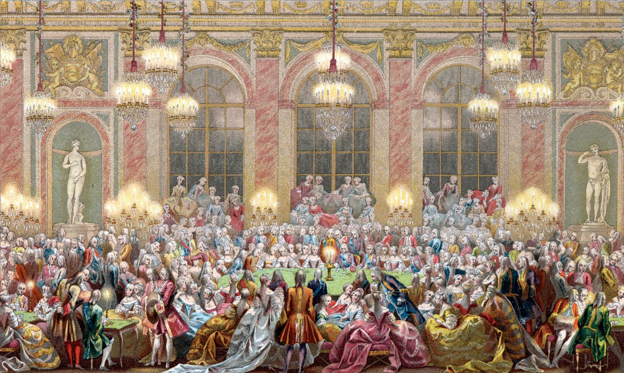 Representasjon av et møte med "" Jeu du roi"" ved hoffet til kong Ludvig XV, kongens spill av French School