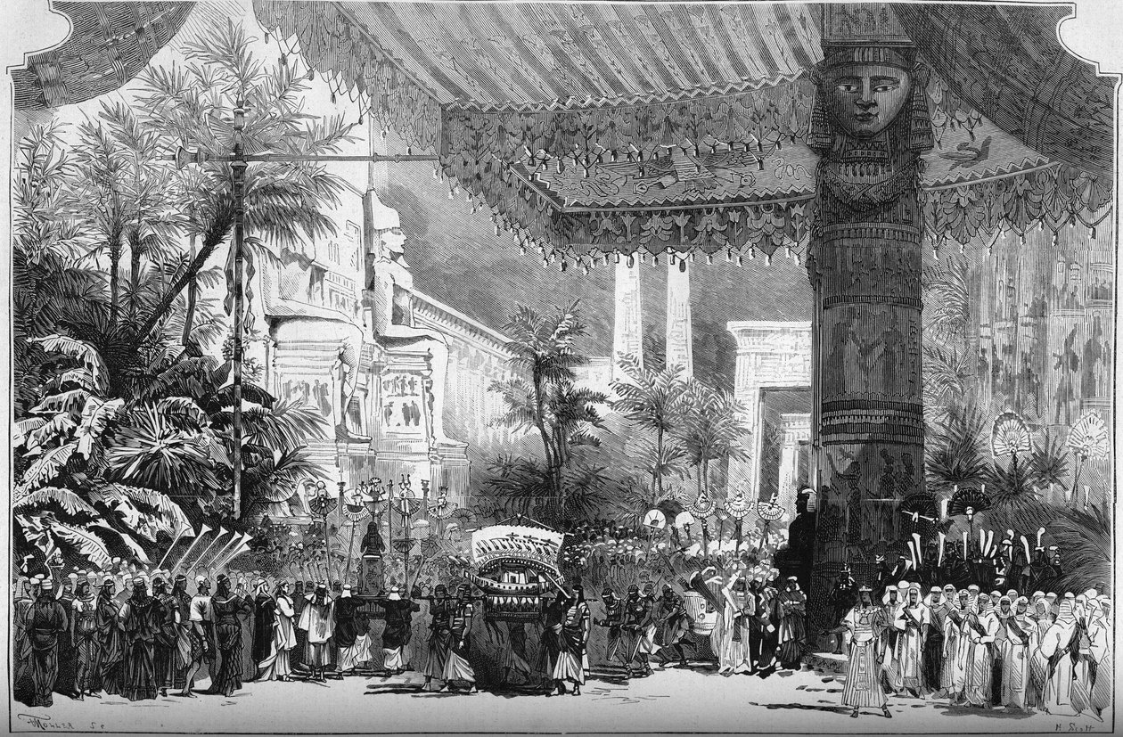 Representasjon av en opera: "" Aida"" av Giuseppe Verdi (1813-1901). Avenue des Sphinx ved portene til Theben (2. maleri, 2. akt). Dekor av Lavastre Young (Jean Baptiste Lavastre av French School