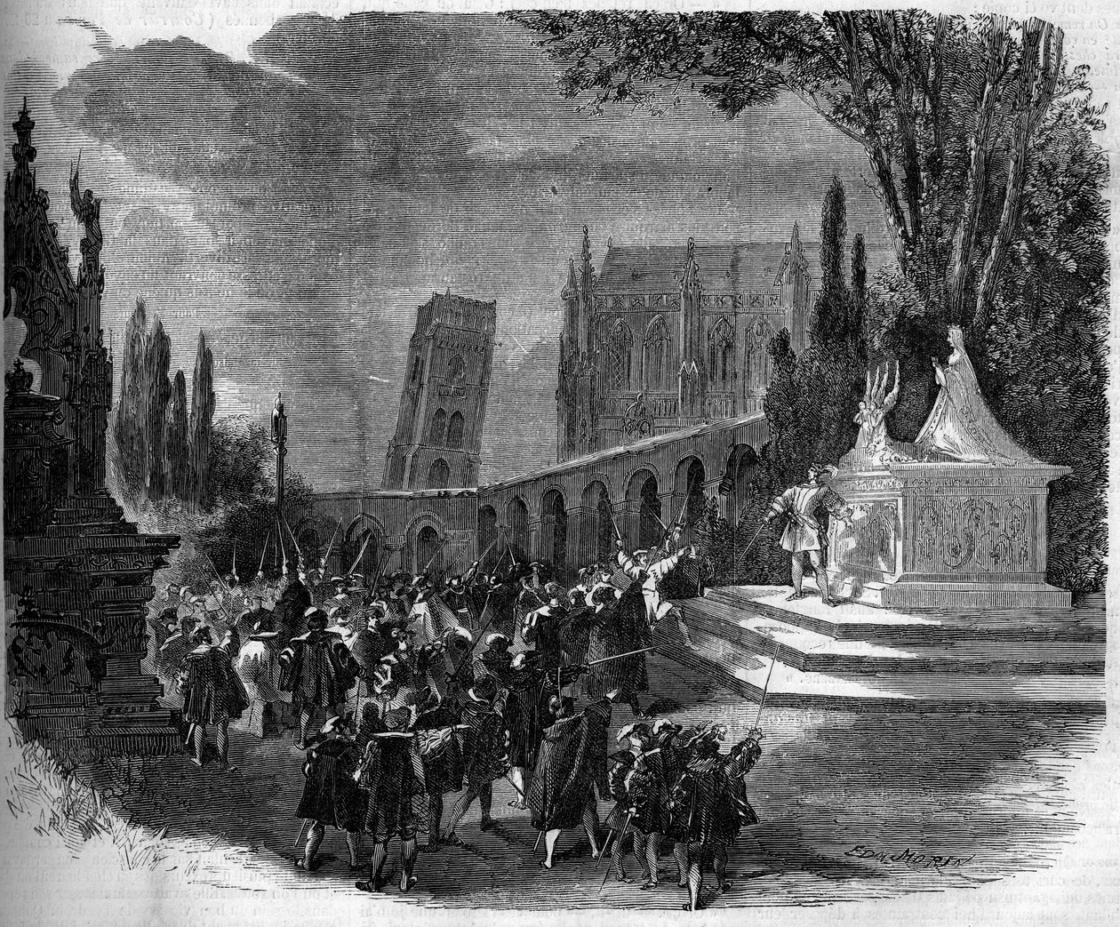 Representasjon av en opera: Scenografi av akt III av "Pierre de Medicis"" basert på en libretto av Henry de Saint George av French School