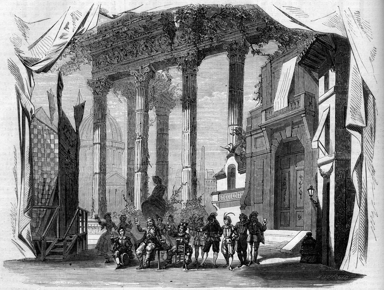 Representation of an opera: Scenography of Act I of “Salvador Rosa” after a libretto by Henry Trianon (1811-1896) and Eugene Grange (1810-1887), and a music by Jules Laurent Duprato (1827-1892). Paris, Opera Comique av French School
