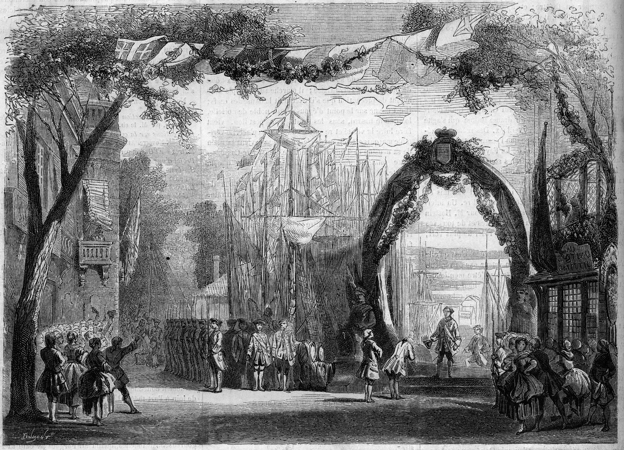 Representasjon av en opera: Scenografi av 1. akt av "Le Chateau Trompette", basert på en libretto av Eugene Cormon (1811-1903) og Michel Carre (1822-1872), og en musikk av Francois Auguste Gevaert (1828-1908) ). Paris, Opera Comique av French School