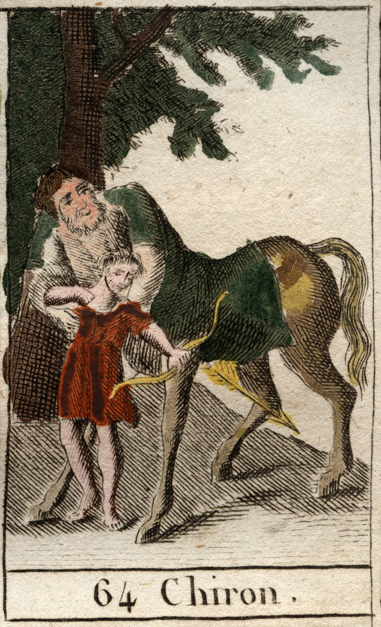 Representasjon av kentauren Chiron, halv mann halv hest, mester i bueskyting, han underviser i denne kunsten i Achilles. (Representasjon av kentauren Chiron (Cheiron eller Kheiro), halvt menneske halvt hest. Han lærer den unge Achille bueskytingskunsten).  av French School