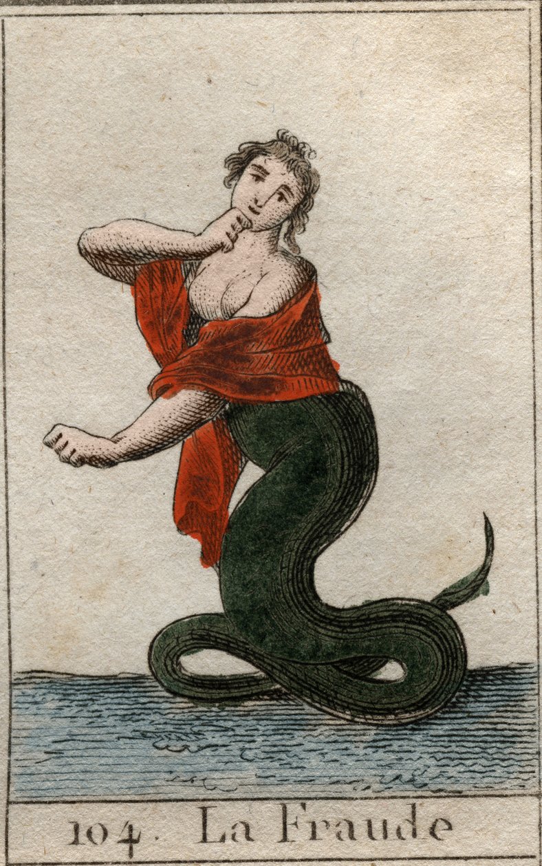Representation of cheating (dishonesty), as a dangerous snake with a smiling head of woman). From “Mythology of Youth” by Pierre Blanchard 1803. av French School