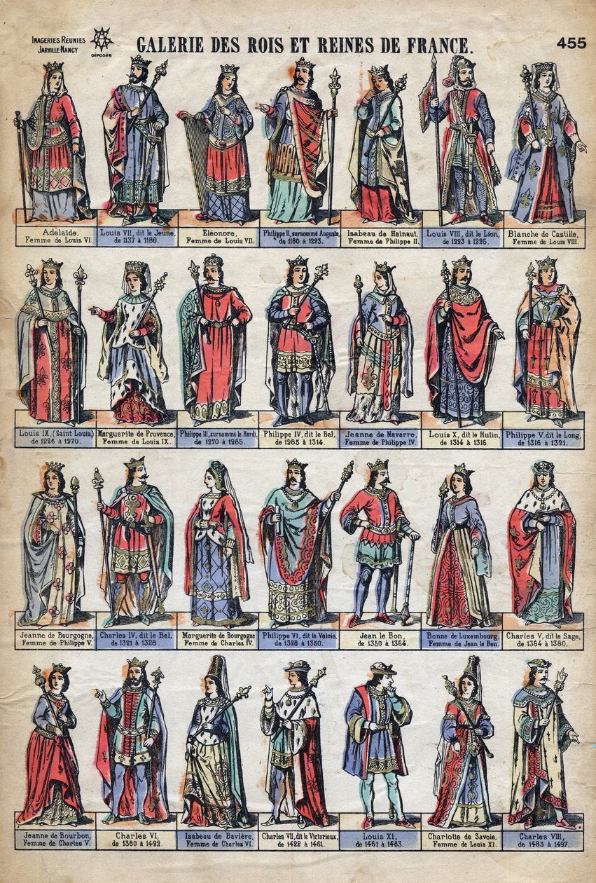 Representasjon av konger og dronninger av Frankrike fra Capetian-dynastiet (fra Louis VII til Charles VIII). Illustrasjon sent på 1800-tallet. av French School