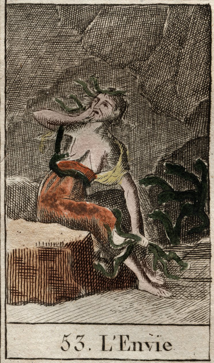 Representation of the Envy, embodied by a ridee woman holding snakes while another woman eats her breast. (Representation of Envy (or invidiousness) as an old woman, holding snakes while another is gnawing her breast) from “Mythologie de la jeunesse “” by  av French School