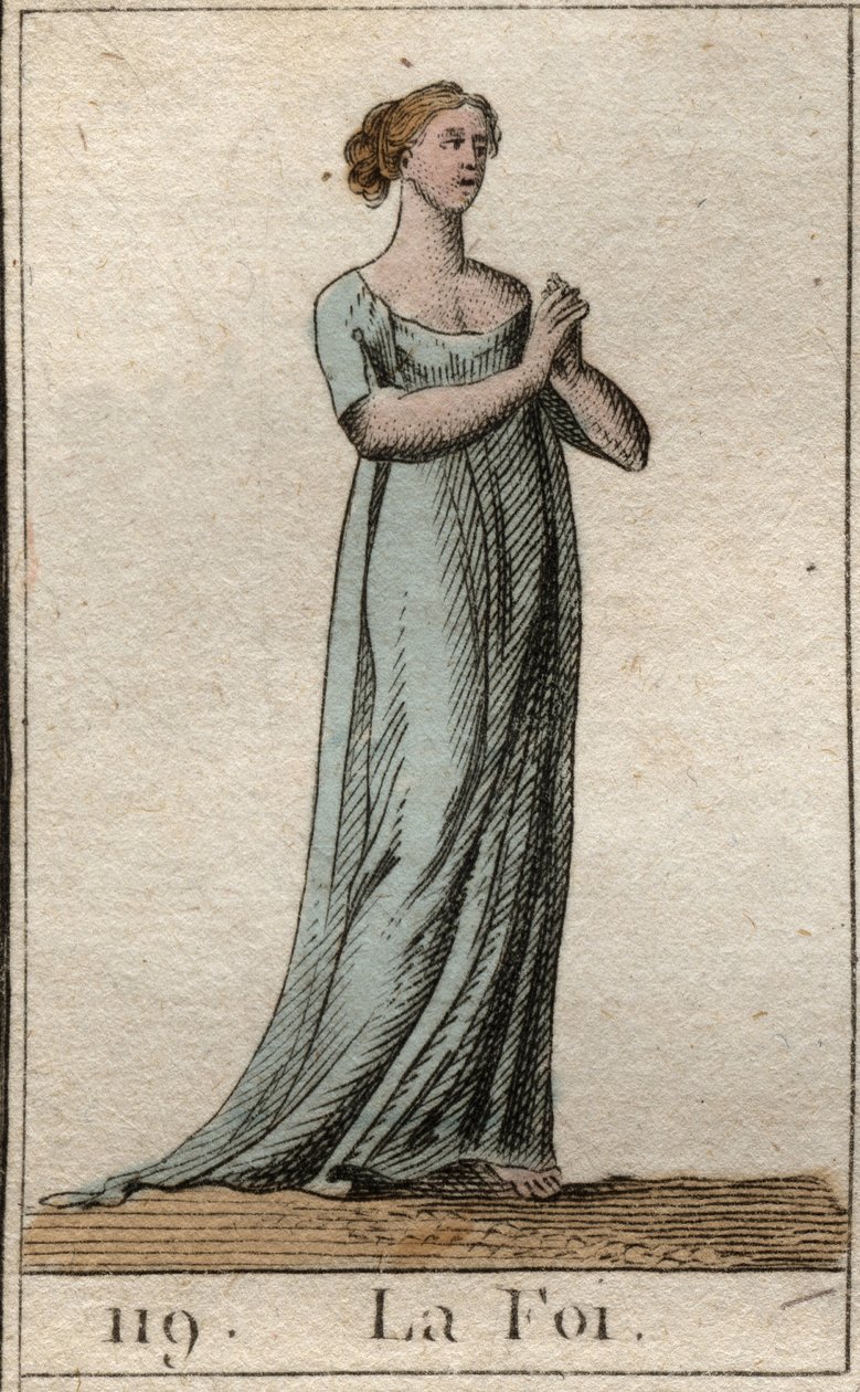 Representasjon av troen, kvinne kledd i hvitt med sammenføyde hender. (Troen som ung kvinne, kledd i hvit kjole, med sammenføyde hender). Fra "Mythology of Youth" av Pierre Blanchard 1803. av French School