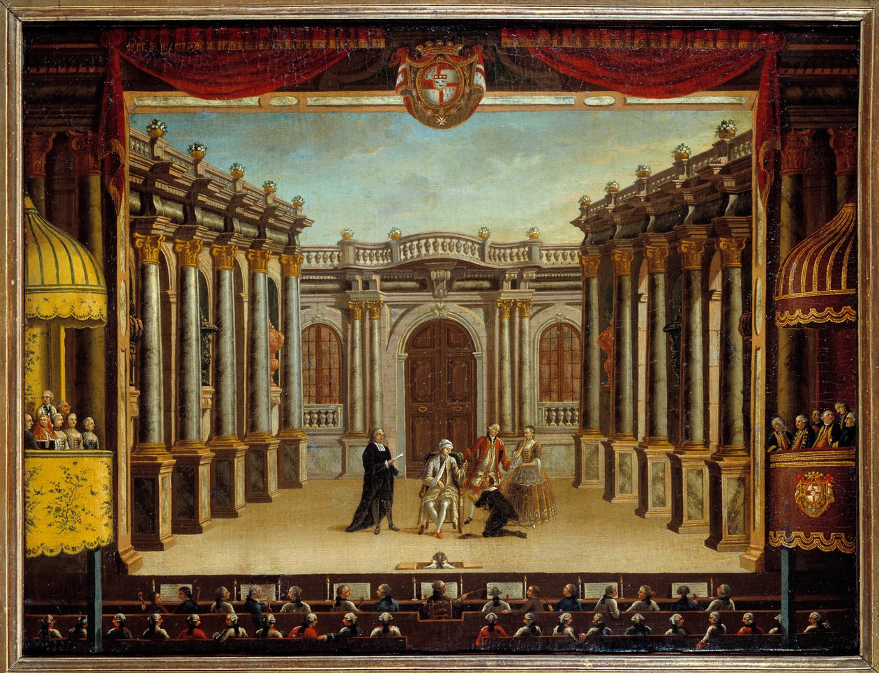 Representasjon av "" Imaginary Malad" av Jean Baptiste Poquelin dit Moliere (1622-1673) ved Menorca Theatre, Spania; utsikt over scenen. Anonymt maleri av French School