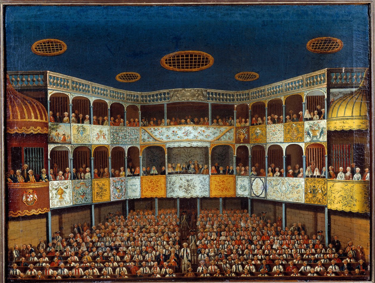 Representasjon av "" Imaginary Malad" av Jean Baptiste Poquelin dit Moliere (1622-1673) ved Menorca Theatre i Spania; utsikt over salen og publikum. Maleri fra 1700-tallet. Paris, dekorativ kunst av French School