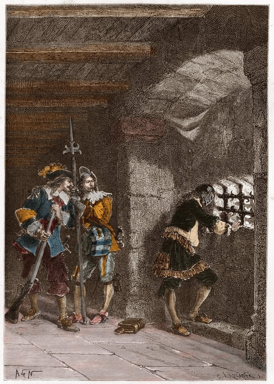 Representasjon av jernmasken (død 1703) fengslet på øya Sainte Marguerite av French School