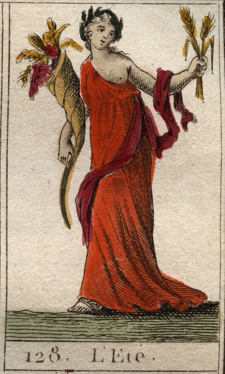 Representation of the Summer season as Ceres holding a wreath of wheat and a horn of abundance. (The Summer represented as Ceres holding a leaf and a cornucopia). From “Mythology of Youth” by Pierre Blanchard 1803. av French School