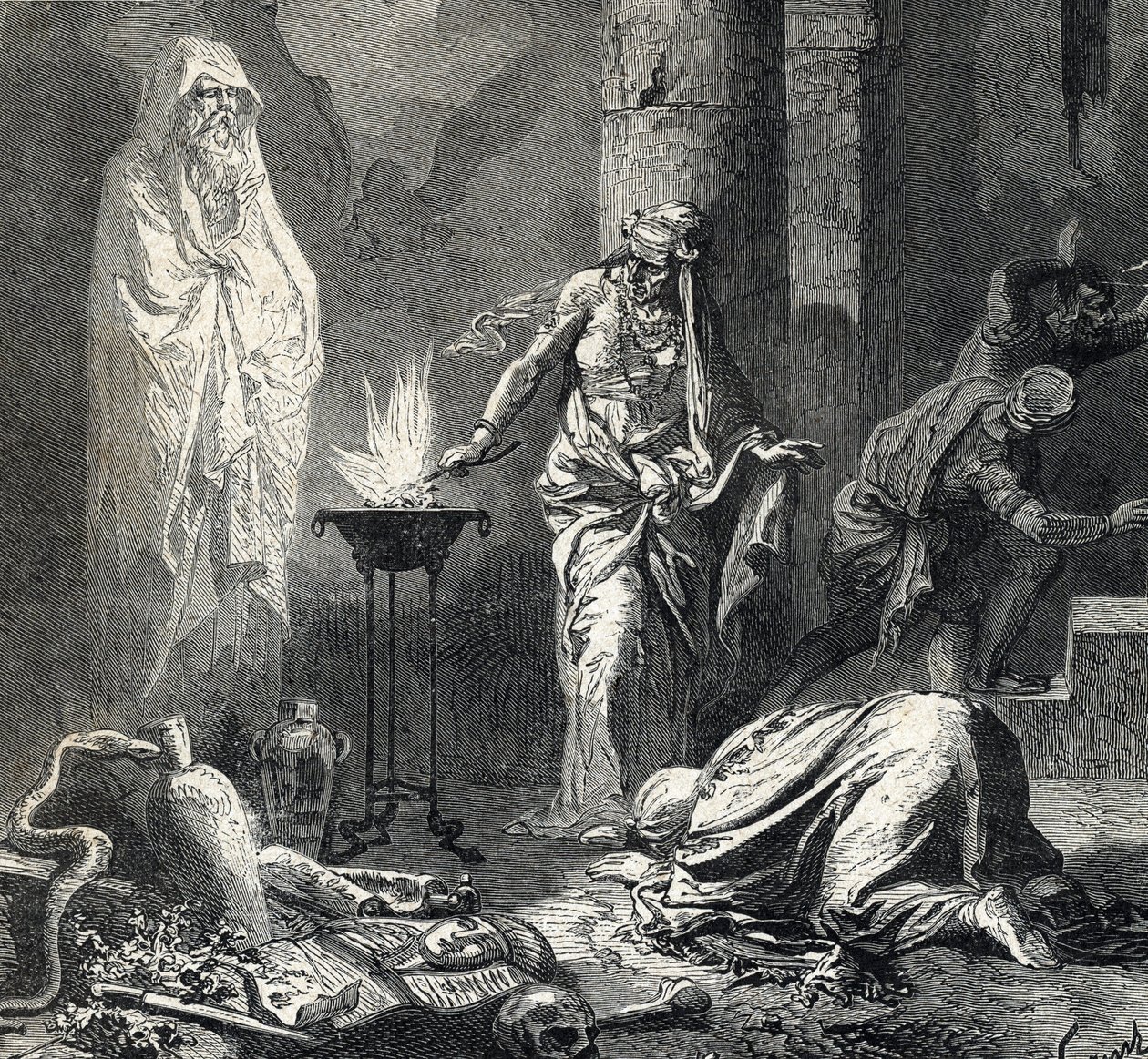 Representasjon av Witch of Endor (eller Pythonisse of Endor), en kanaanittisk landsby nevnt i den første boken av Samuel (bibelen) som har en talisman som hun kaller spøkelset til profeten Samuel nylig avdøde, på forespørsel fra Saul, konge av Isr av French School