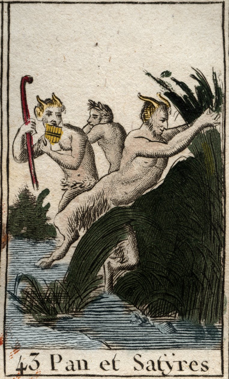 Representasjon av countryguden Pan og satyrer. Han har hårete lår, geiteføtter, og spiller fløyte (Syrinx) har flere piper. (Bondguden Pan, representert med satyrer, han har lodne bein og geiteføtter, han spiller syrinx eller panfløyte) Fra «Mythologie de av French School