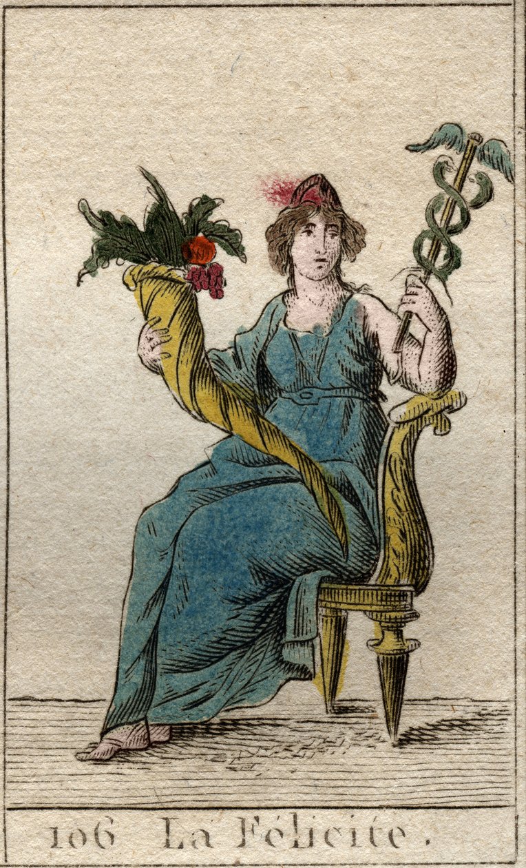 Representation of the deity of Felicity (or Eudemonia) holding with one hand a deciduous and the other a horn of abundance (Representation of Happiness (felicity), as a woman holding a caduceas and a cornucopia). From “Mythology of Youth” by Pierre Blancha av French School