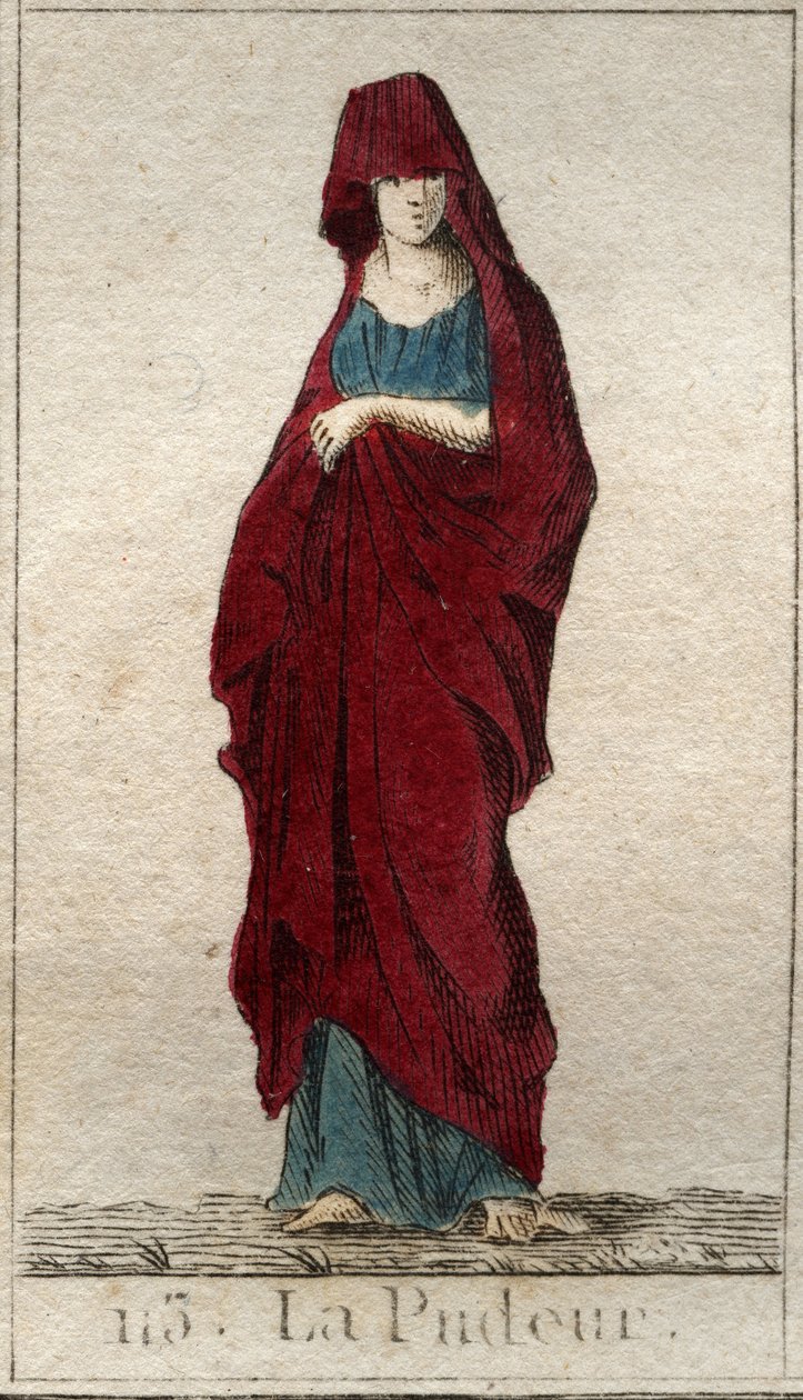 Representasjon av guddommen Modesty, en ung kvinne med et ansikt dekket med et slør. (Representasjon av prudishness, som en kvinne med tilslørt ansikt). Fra "Mythology of Youth" av Pierre Blanchard 1803. av French School
