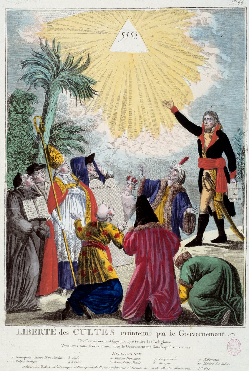 Representasjon av friheten til tilbedelse av alle religioner opprettholdt av Napoleon Bonaparte (1769-1821): den første konsulen angir treenighetens trekant som symboliserer Gud som kommer av representantene for hver religion: katolsk eveque, en jøde, en k av French School