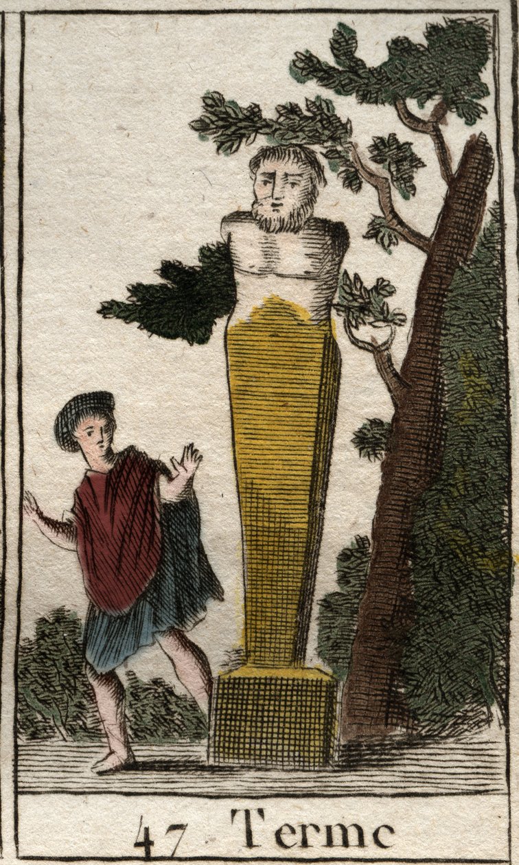 Representasjon av guden Terme, i form av en terminal, for å markere eiendeler og landområder. (Representasjon av guds endepunkt, som en steinterminal av land og eiendeler). Fra "Mythology of Youth" av Pierre Blanchard 1803. av French School