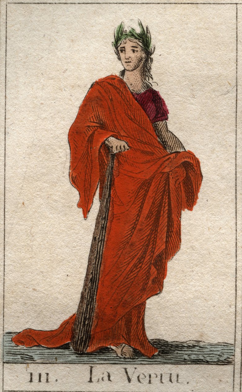 Representation of the god of Virtue, a young woman with a candid face. (Representation of Virtue, as a young woman with forthrighted face). From “Mythology of Youth” by Pierre Blanchard 1803. av French School