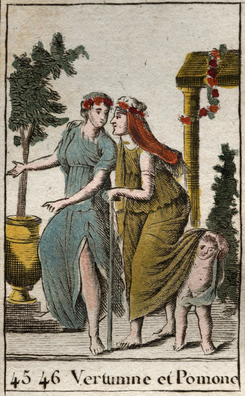 Representasjon av høstguden Vertumne og Pomonef, nymfe av frukt og hagearbeid. Vertumne tar utseendet til en gammel kvinne for å forføre Pomone. (representasjon av Vertumnus, høstens gud, med Pomona, gudinnen for frukt og hager, Vertumnus sporer Pomo av French School